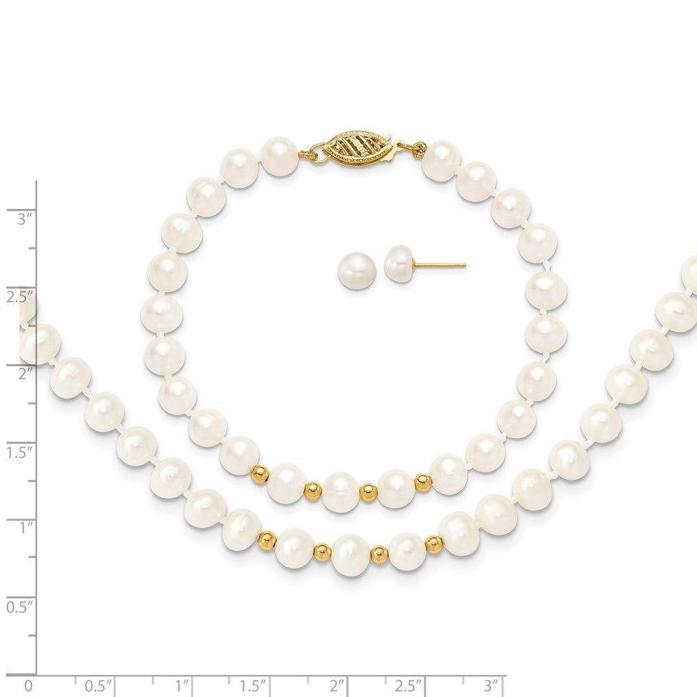 14K Yellow Gold 6-7mm White Freshwater Cultured Pearl 18in. Necklace 7.25 Bracelet Earring Set