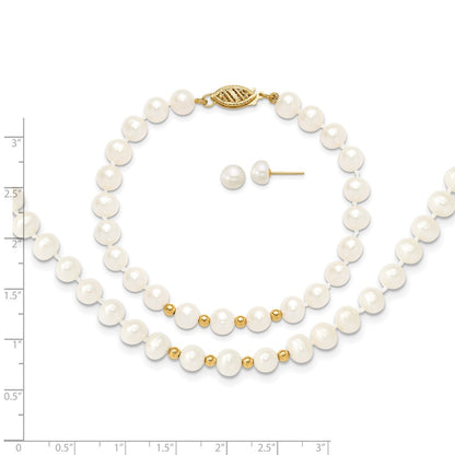 14K Yellow Gold 6-7mm White Freshwater Cultured Pearl 18in. Necklace 7.25 Bracelet Earring Set