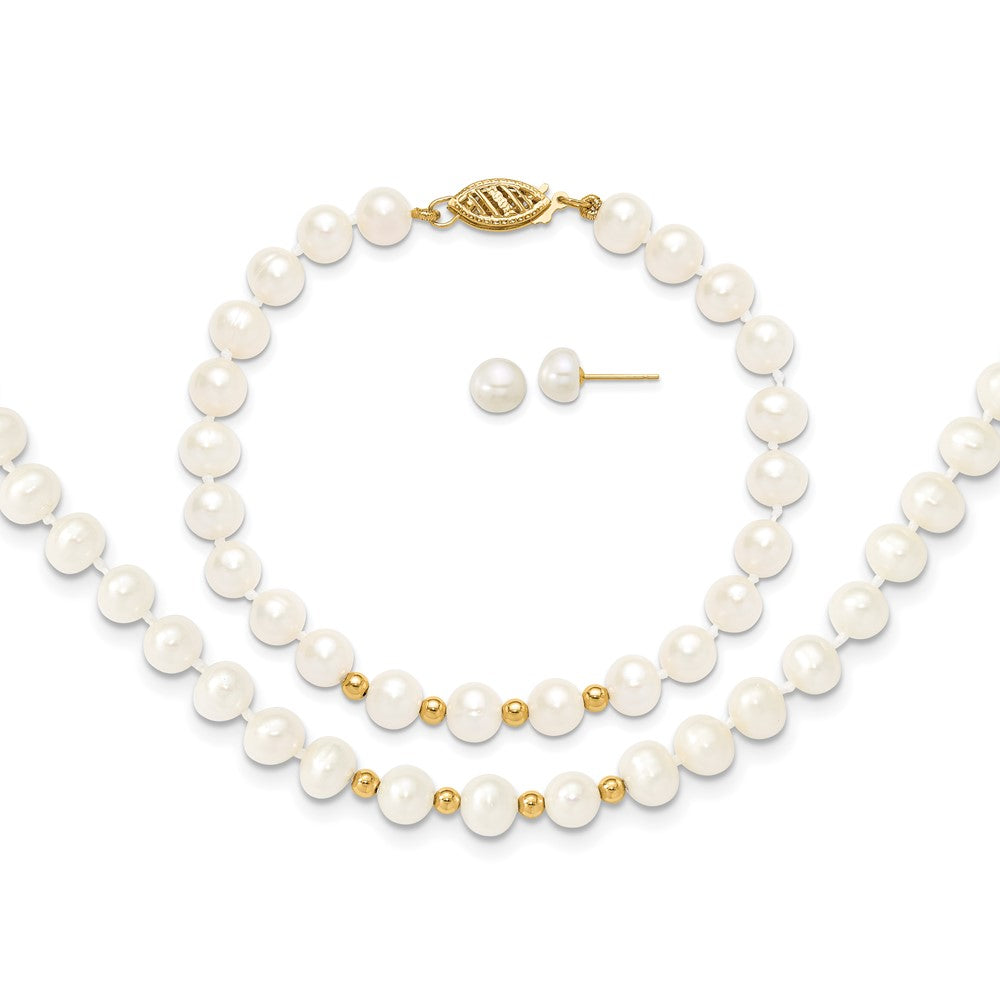 14K Yellow Gold 6-7mm White Freshwater Cultured Pearl 18in. Necklace 7.25 Bracelet Earring Set