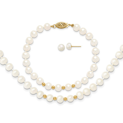 14K Yellow Gold 6-7mm White Freshwater Cultured Pearl 18in. Necklace 7.25 Bracelet Earring Set
