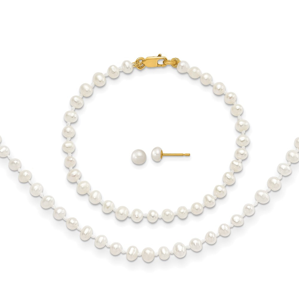 14K Yellow Gold 3-4mm Freshwater Cultured Pearl 14in Necklace, 5in. Bracelet & Earring Set