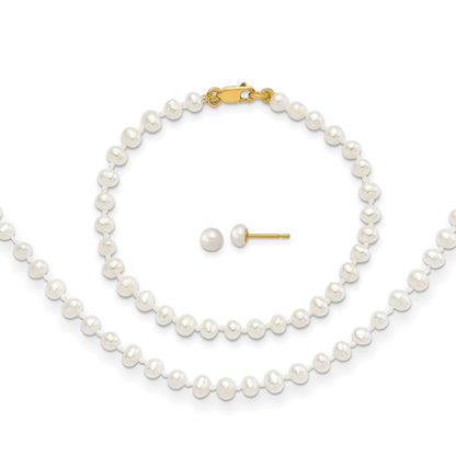 14K Yellow Gold 3-4mm Freshwater Cultured Pearl 14in Necklace, 5in. Bracelet & Earring Set