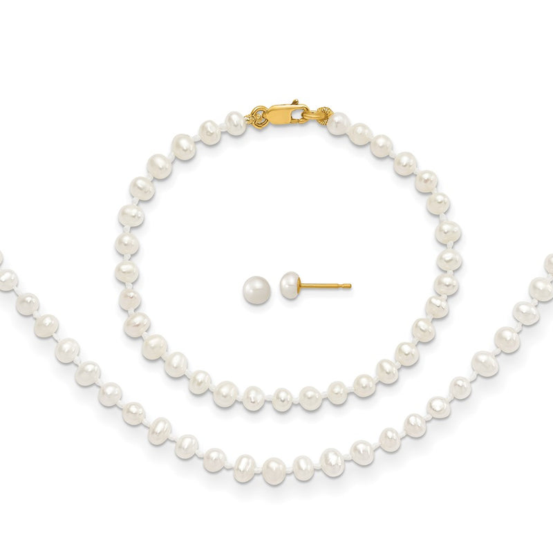 14K Yellow Gold 3-4mm Freshwater Cultured Pearl 14in Necklace, 5in. Bracelet & Earring Set