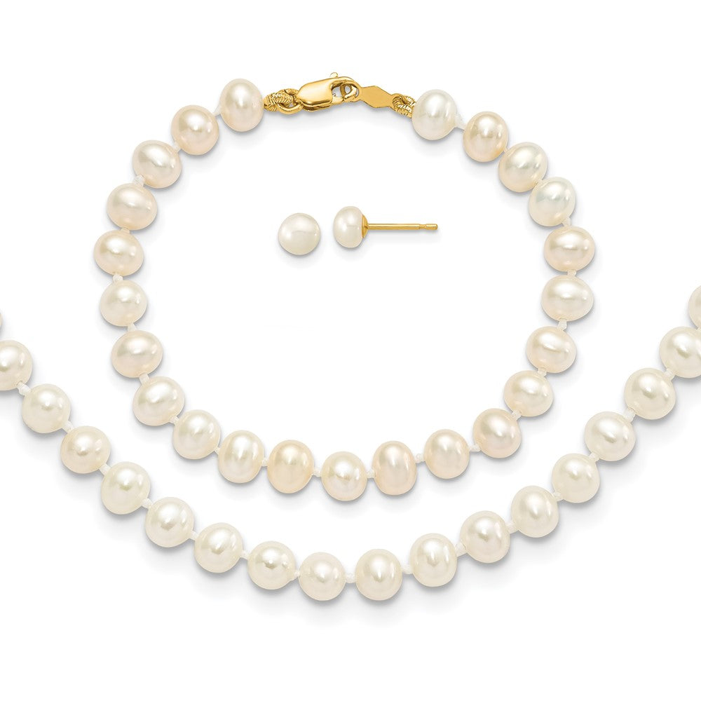 14K Yellow Gold 4-5mm Freshwater Cultured Pearl, 14in Necklace, 5" Bracelet & Earring Set