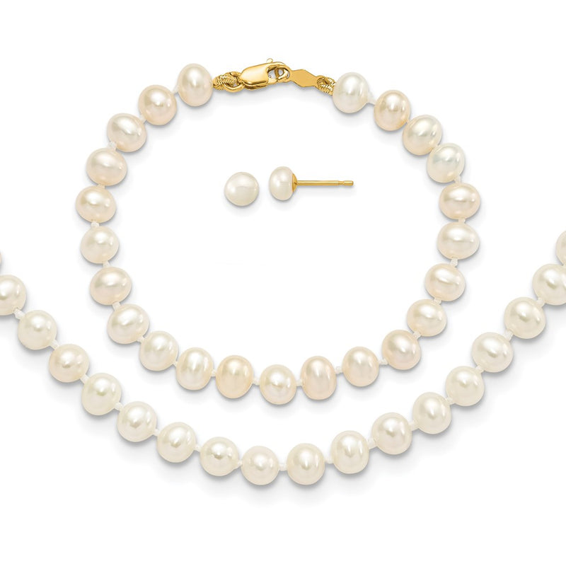 14K Yellow Gold 4-5mm Freshwater Cultured Pearl, 14in Necklace, 5" Bracelet & Earring Set