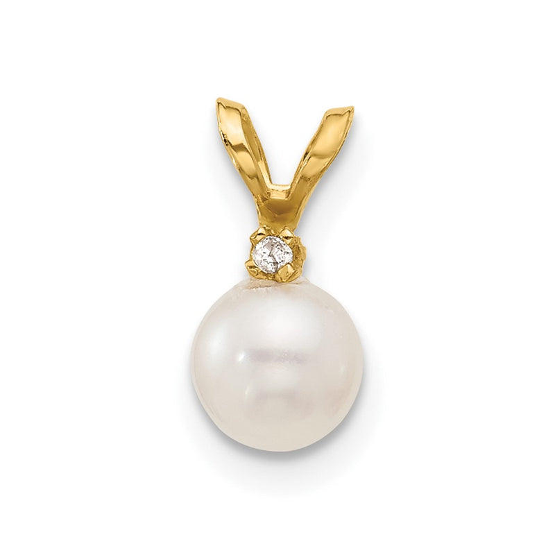 14K Yellow Gold 5 6mm White Round Freshwater Cultured Pearl And .01 Carat Diamond Pendant