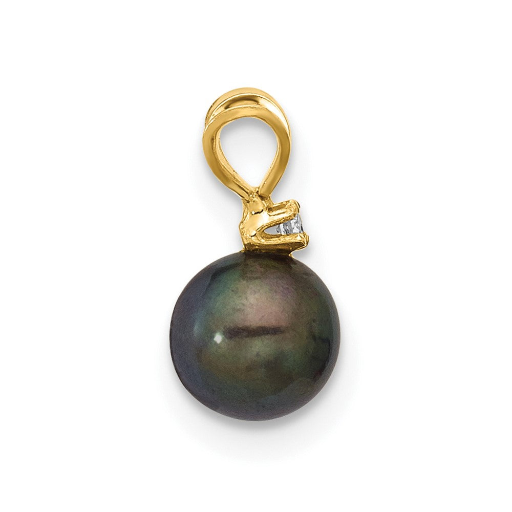 14K Yellow Gold 5-6mm Round Black Fwc Pearl and .01ct Diamond Pendant