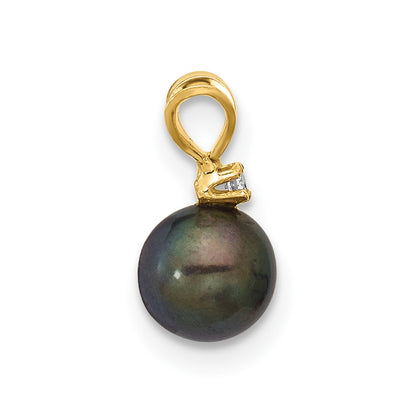 14K Yellow Gold 5-6mm Round Black Fwc Pearl and .01ct Diamond Pendant
