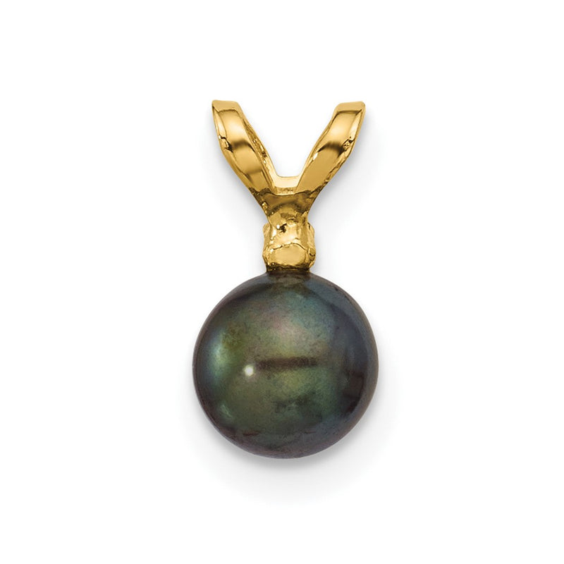 14K Yellow Gold 5-6mm Round Black Fwc Pearl and .01ct Diamond Pendant
