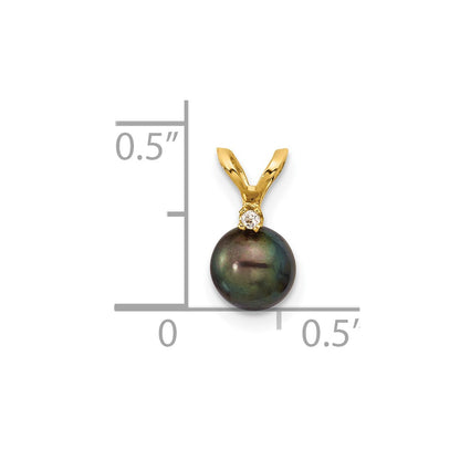 14K Yellow Gold 5-6mm Round Black Fwc Pearl and .01ct Diamond Pendant
