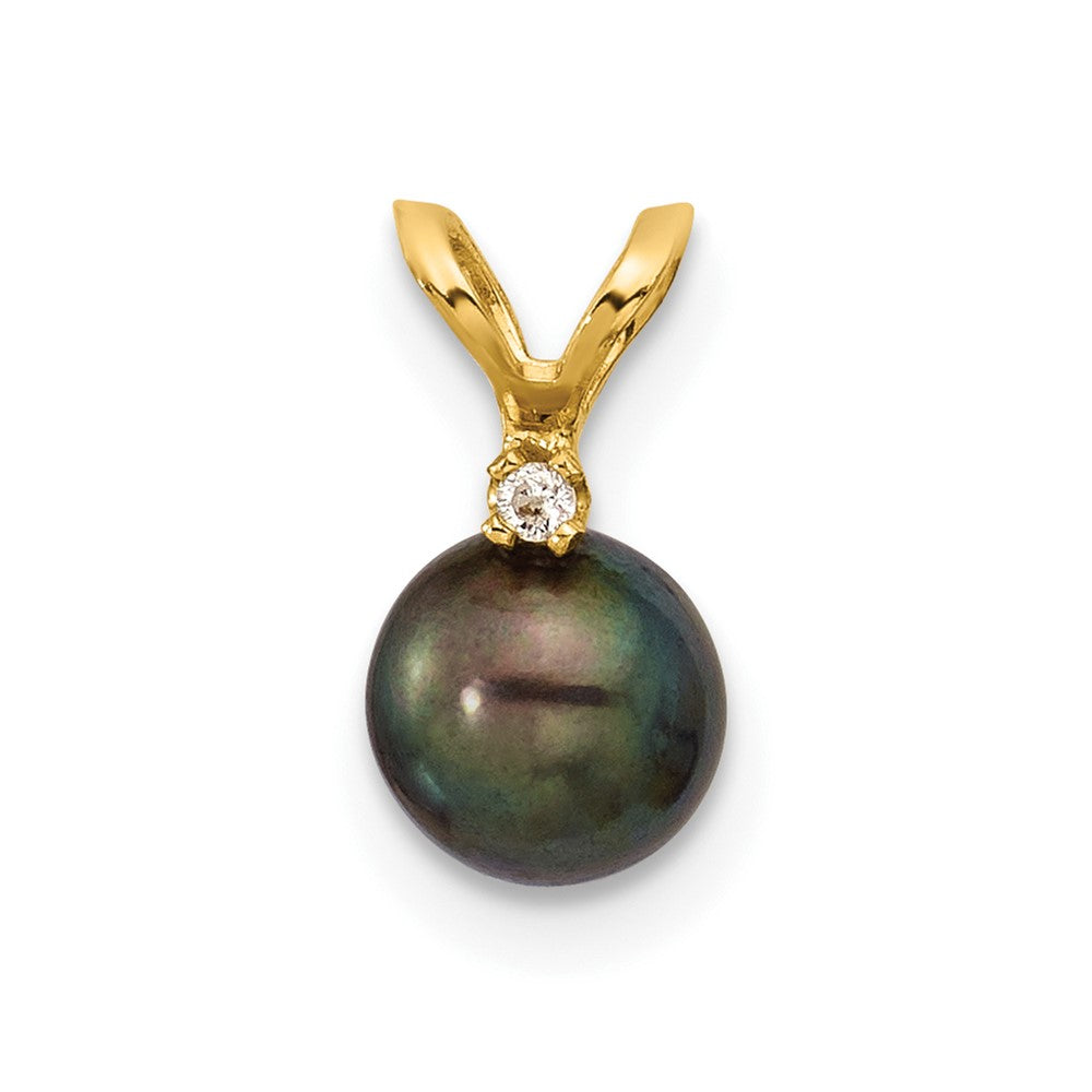 14K Yellow Gold 5-6mm Round Black Fwc Pearl and .01ct Diamond Pendant