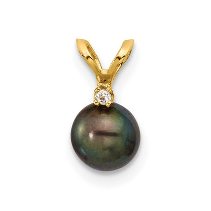 14K Yellow Gold 5-6mm Round Black Fwc Pearl and .01ct Diamond Pendant