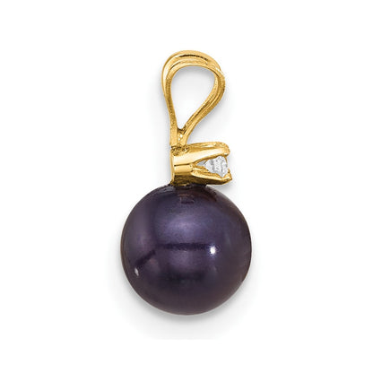 14K Yellow Gold 6-7mm Round Black Fwc Pearl and .03ct Diamond Pendant