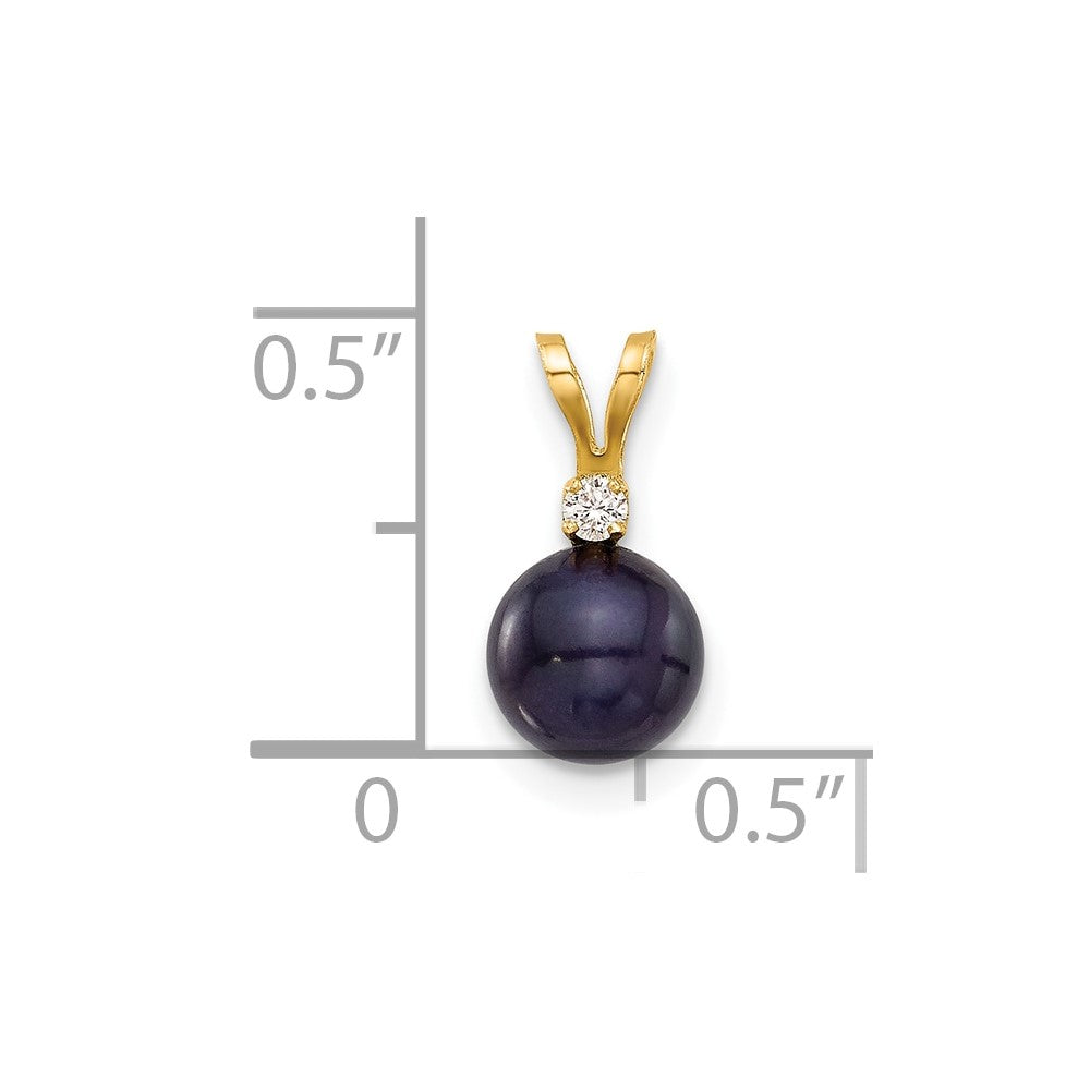 14K Yellow Gold 6-7mm Round Black Fwc Pearl and .03ct Diamond Pendant