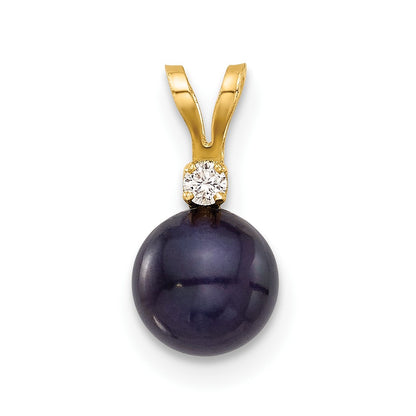 14K Yellow Gold 6-7mm Round Black Fwc Pearl and .03ct Diamond Pendant