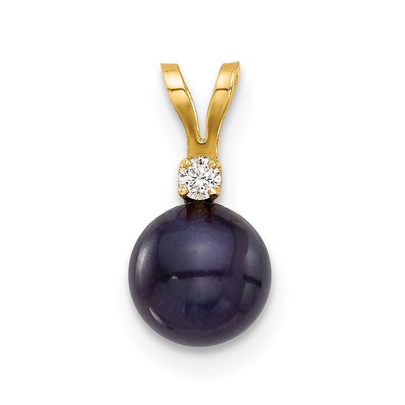 14K Yellow Gold 6-7mm Round Black Fwc Pearl and .03ct Diamond Pendant