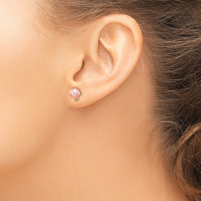 14K Yellow Gold 5 6mm Pink Round Freshwater Cultured Pearl And .02 Carat Diamond Post Earrings