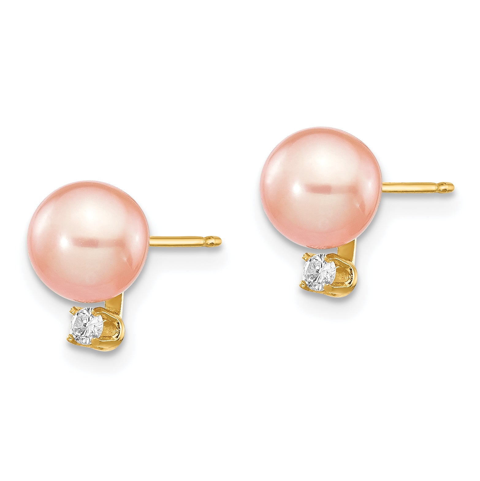 14K Yellow Gold 6 7mm Pink Round Freshwater Cultured Pearl And .06 Carat Diamond Post Earrings