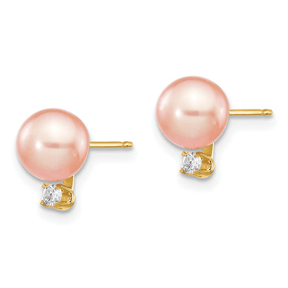 14K Yellow Gold 6 7mm Pink Round Freshwater Cultured Pearl And .06 Carat Diamond Post Earrings