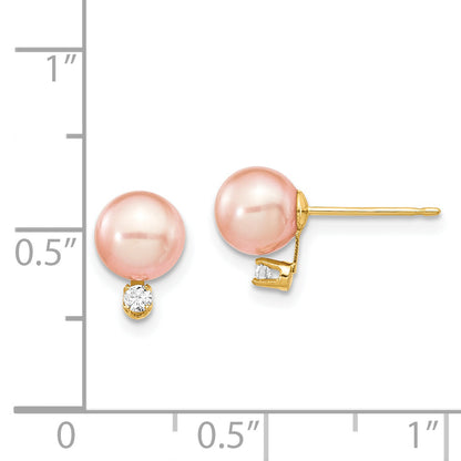 14K Yellow Gold 6 7mm Pink Round Freshwater Cultured Pearl And .06 Carat Diamond Post Earrings