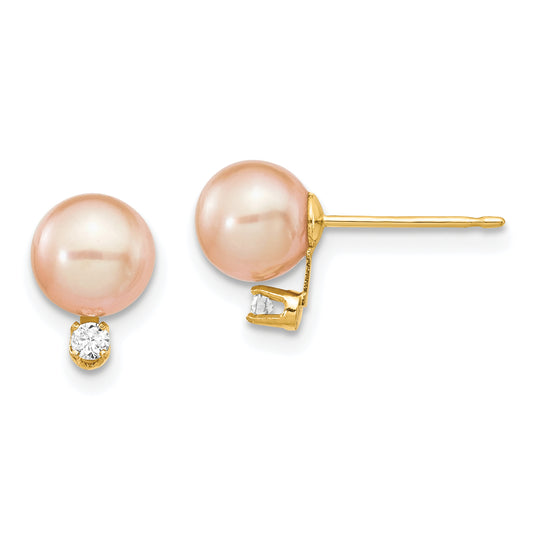 14K Yellow Gold 6 7mm Pink Round Freshwater Cultured Pearl And .06 Carat Diamond Post Earrings