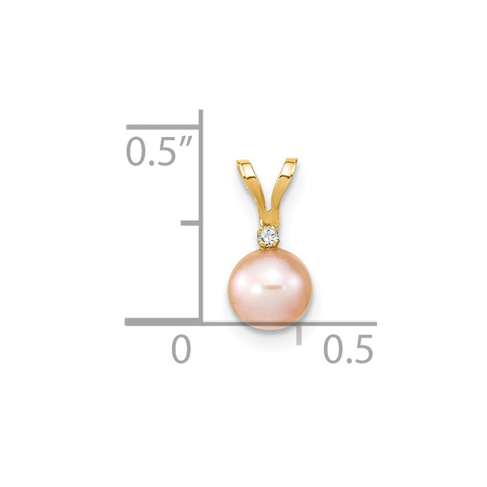 14K Yellow Gold 5 6mm Pink Round Freshwater Cultured Pearl And .01 Carat Diamond Pendant