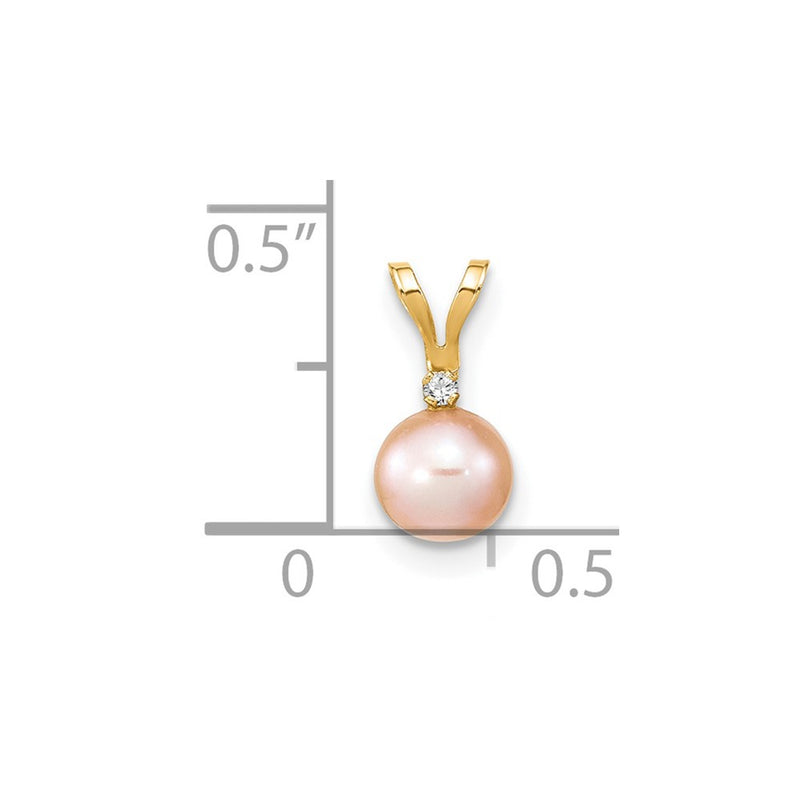 14K Yellow Gold 5 6mm Pink Round Freshwater Cultured Pearl And .01 Carat Diamond Pendant
