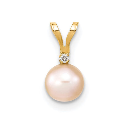 14K Yellow Gold 5 6mm Pink Round Freshwater Cultured Pearl And .01 Carat Diamond Pendant