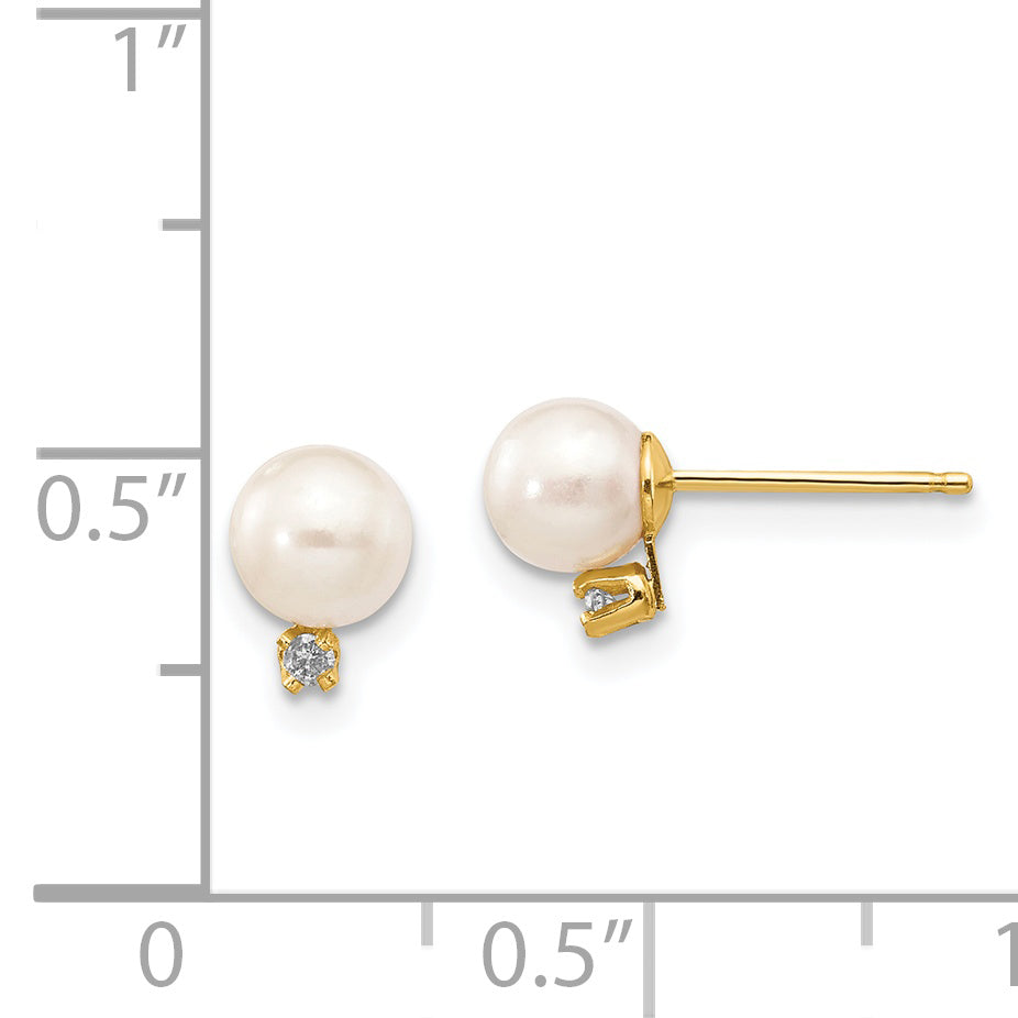 14K Yellow Gold 5 6mm White Round Freshwater Cultured Pearl And .02 Carat Diamond Post Earrings