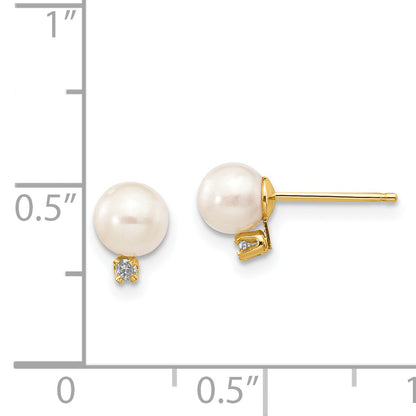 14K Yellow Gold 5 6mm White Round Freshwater Cultured Pearl And .02 Carat Diamond Post Earrings