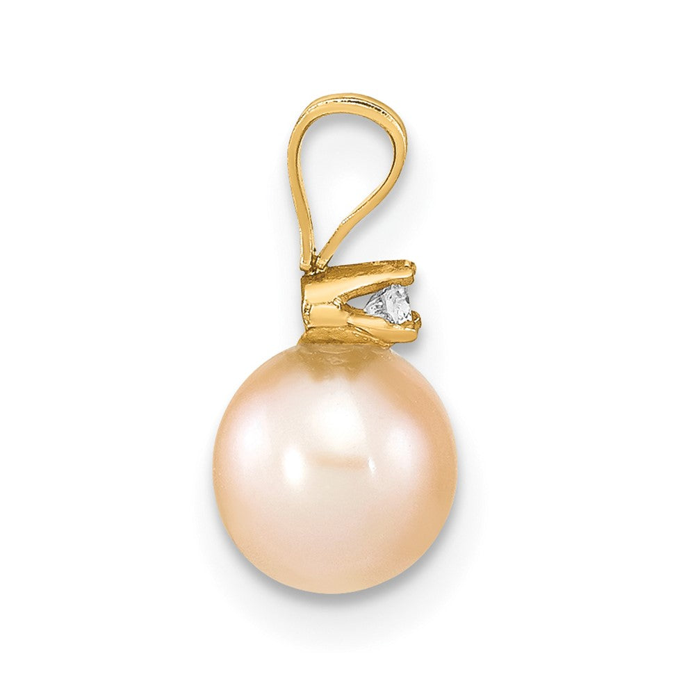 14K Yellow Gold 6 7mm Pink Round Freshwater Cultured Pearl And .03 Carat Diamond Pendant