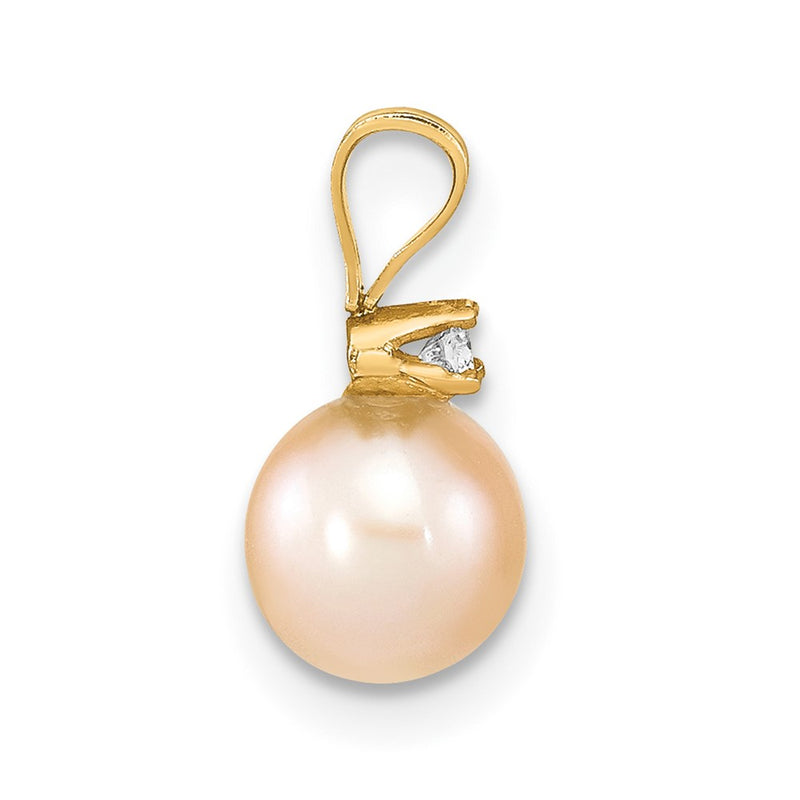 14K Yellow Gold 6 7mm Pink Round Freshwater Cultured Pearl And .03 Carat Diamond Pendant