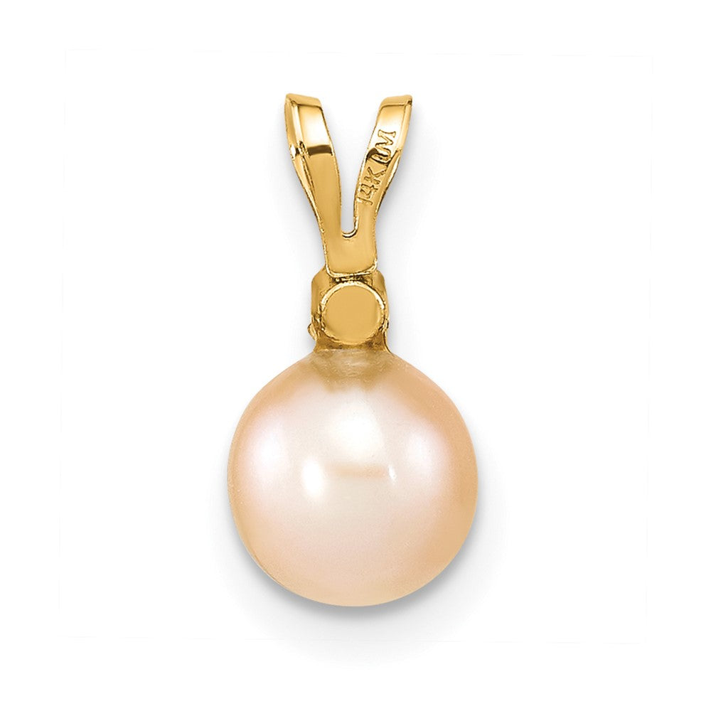 14K Yellow Gold 6 7mm Pink Round Freshwater Cultured Pearl And .03 Carat Diamond Pendant