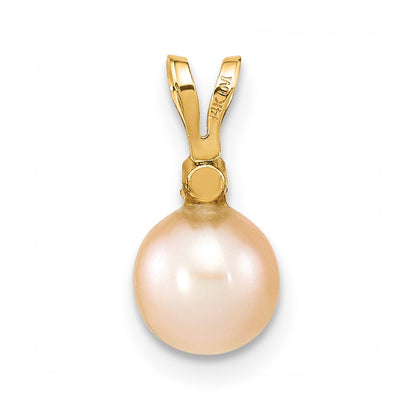 14K Yellow Gold 6 7mm Pink Round Freshwater Cultured Pearl And .03 Carat Diamond Pendant