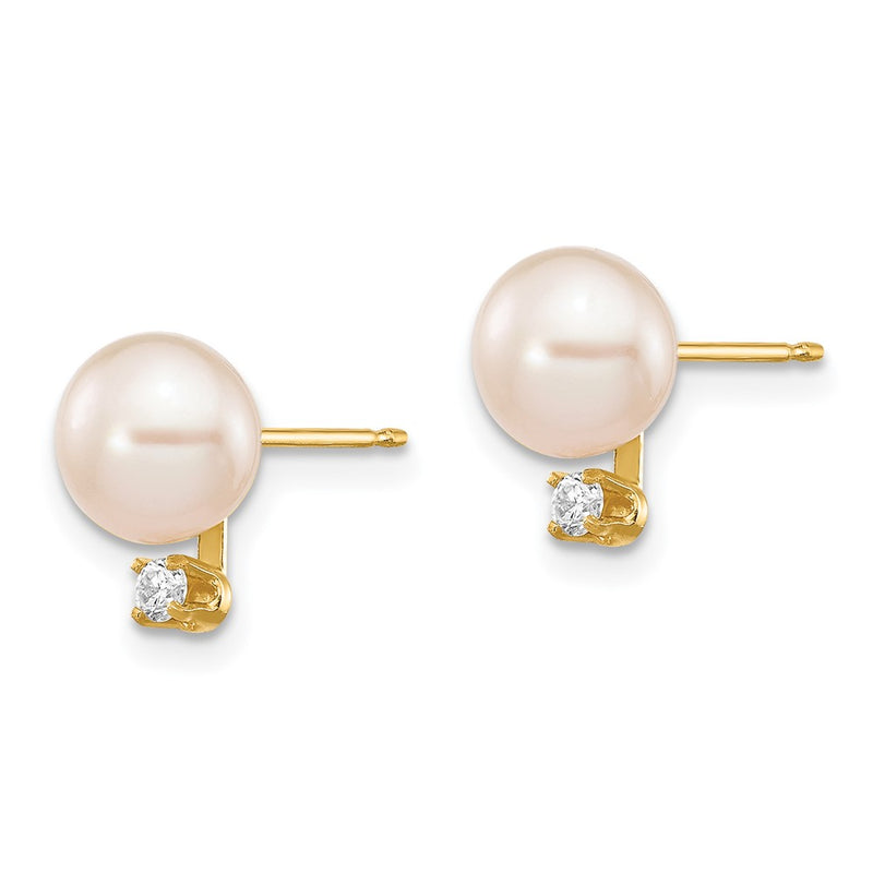 14K Yellow Gold 6 7mm White Round Freshwater Cultured Pearl And .06 Carat Diamond Post Earrings