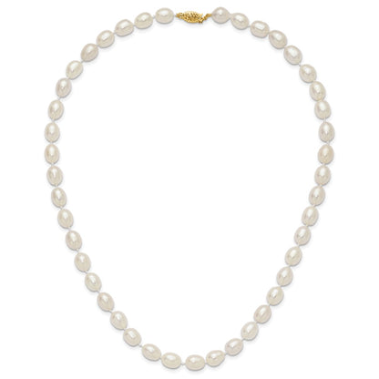 14K Yellow Gold 7 8mm White Rice Freshwater Cultured Pearl 18 Inch Necklace