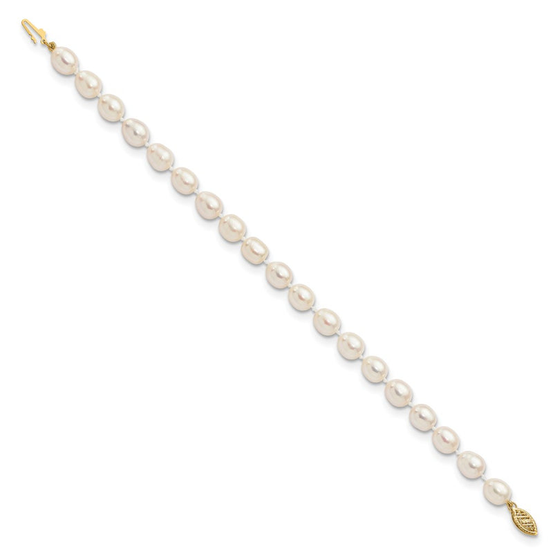 14K Yellow Gold 7 8mm White Rice Freshwater Cultured Pearl 7.5 Inch Bracelet