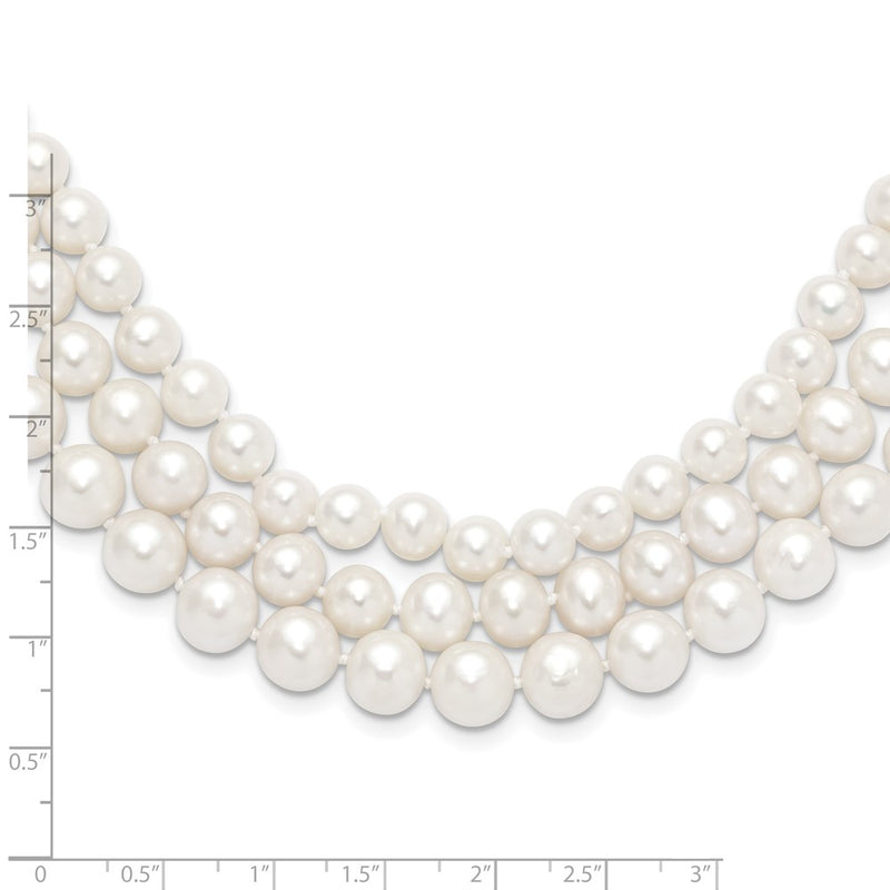 14K Yellow Gold 8 9mm White Near Round Freshwater Cultured Pearl 3 Strand 16 Inch Necklace