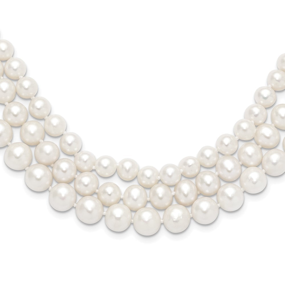 14K Yellow Gold 8 9mm White Near Round Freshwater Cultured Pearl 3 Strand 16 Inch Necklace