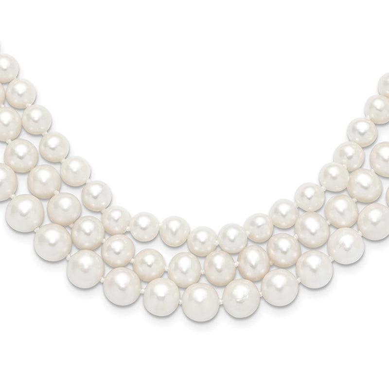 14K Yellow Gold 8 9mm White Near Round Freshwater Cultured Pearl 3 Strand 16 Inch Necklace