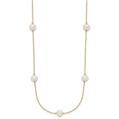 14K Yellow Gold 7-8mm White Near Round Freshwater Cultured Pearl 7-Station Necklace