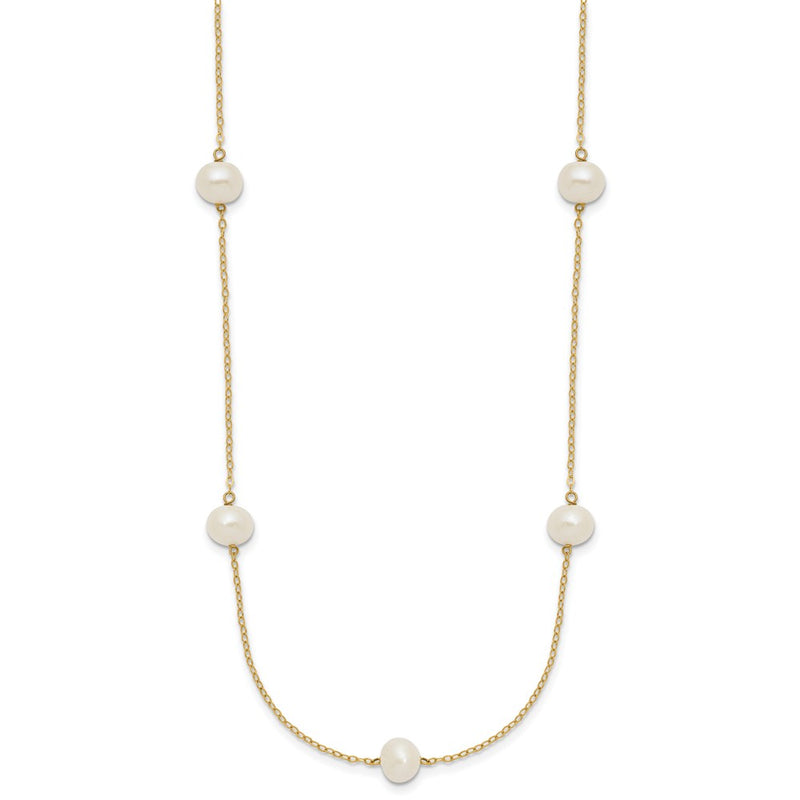 14K Yellow Gold 7-8mm White Near Round Freshwater Cultured Pearl 7-Station Necklace