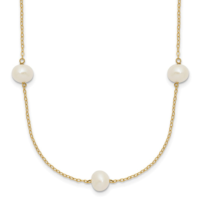 14K Yellow Gold 7-8mm White Near Round Freshwater Cultured Pearl 7-Station Necklace