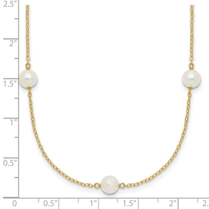 14K Yellow Gold 5 6mm White Near Round Freshwater Cultured Pearl 7 Station 18 Inch Necklace