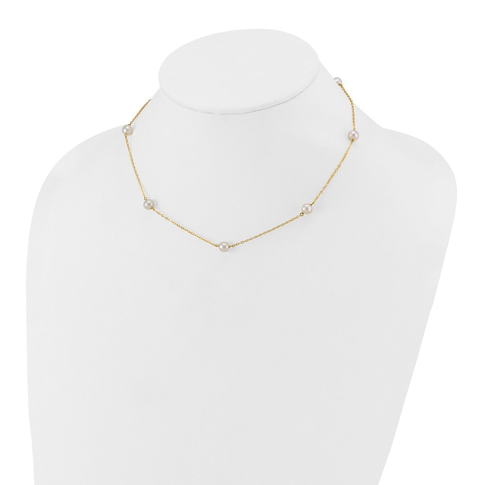 14K Yellow Gold 5 6mm White Near Round Freshwater Cultured Pearl 7 Station 16 Inch Necklace