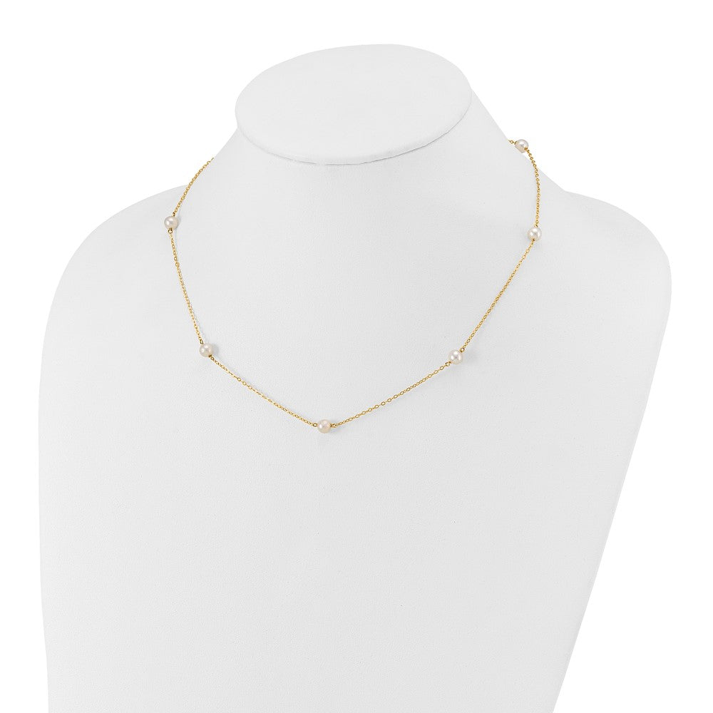 14K Yellow Gold 5 6mm White Near Round Freshwater Cultured Pearl 7 Station 18 Inch Necklace