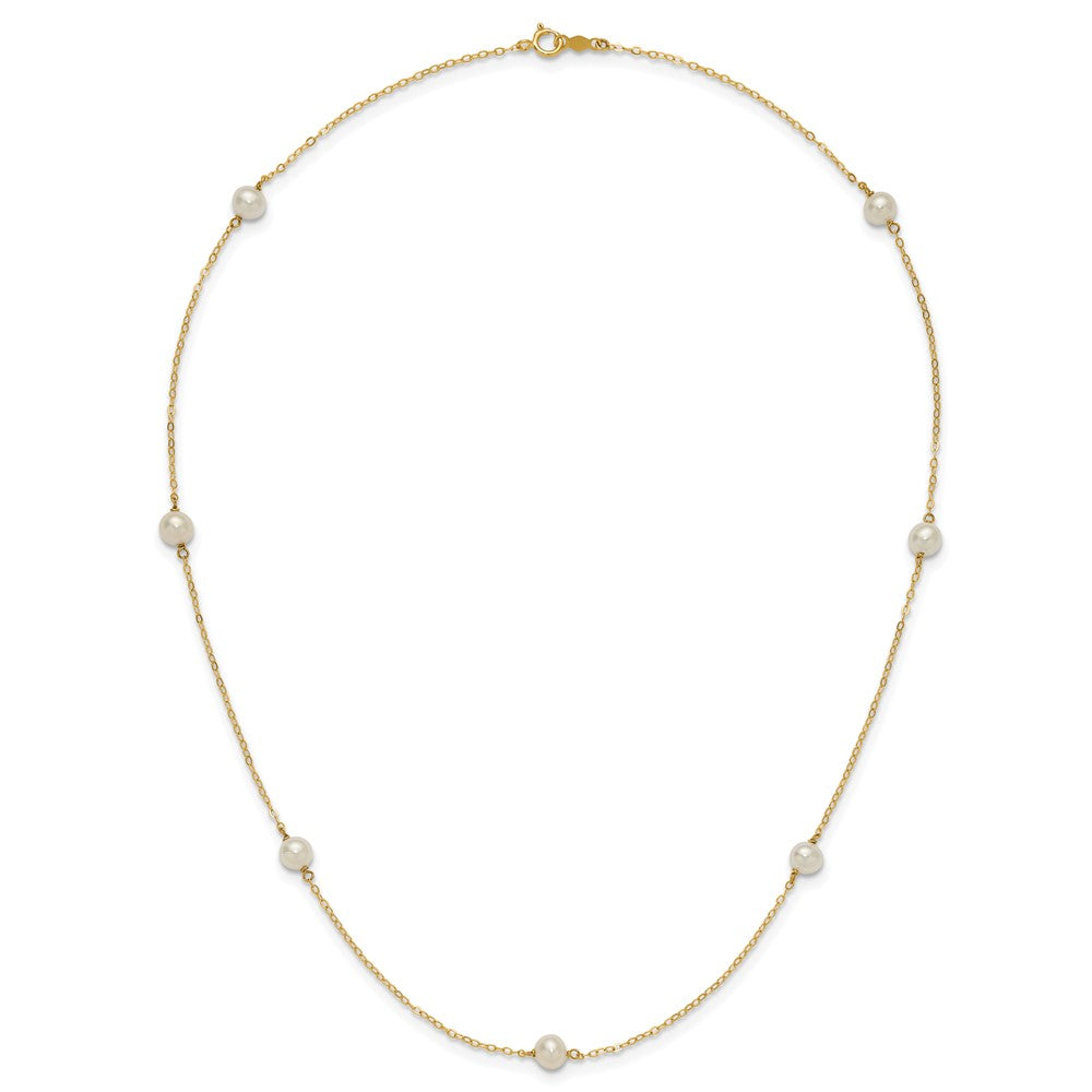 14K Yellow Gold 5 6mm White Near Round Freshwater Cultured Pearl 7 Station 18 Inch Necklace