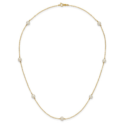 14K Yellow Gold 5 6mm White Near Round Freshwater Cultured Pearl 7 Station 18 Inch Necklace