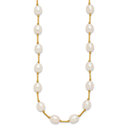 14K Yellow Gold 7 8mm White Rice Freshwater Cultured Pearl Beaded 18 Inch Necklace