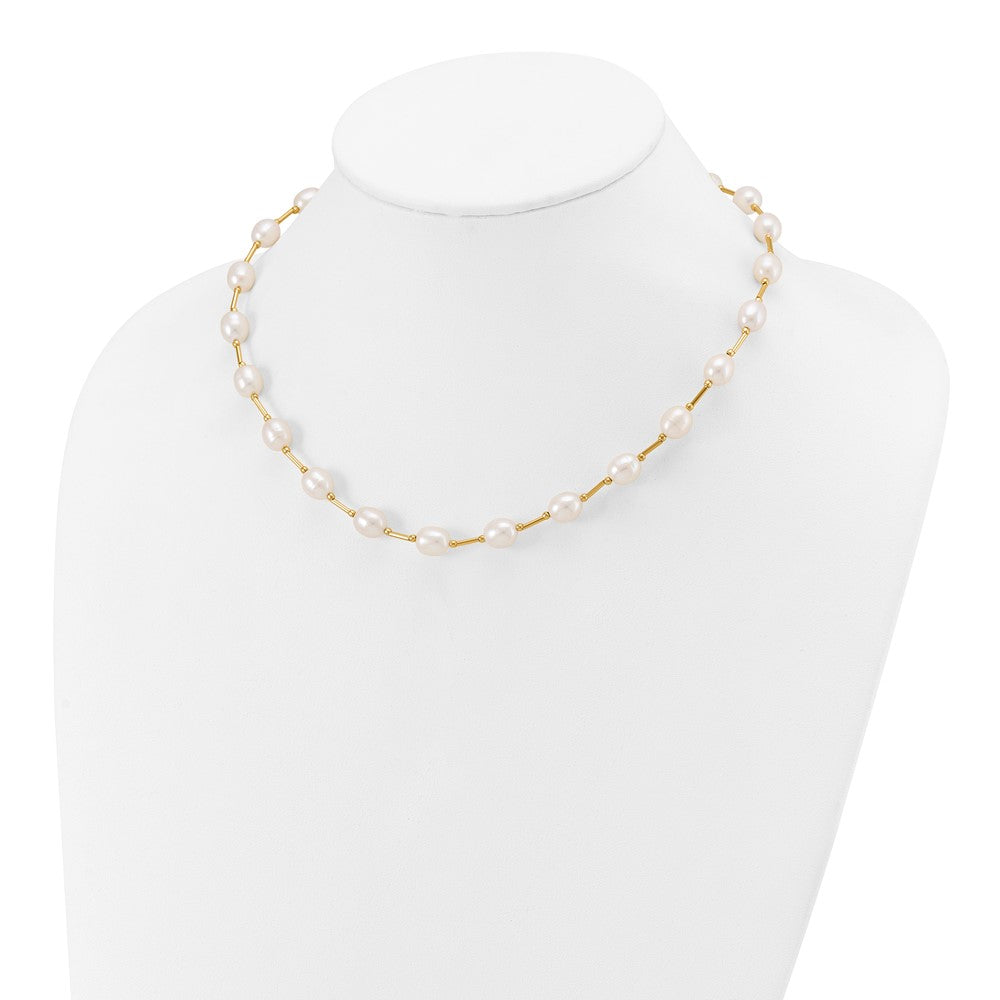 14K Yellow Gold 7 8mm White Rice Freshwater Cultured Pearl Beaded 18 Inch Necklace